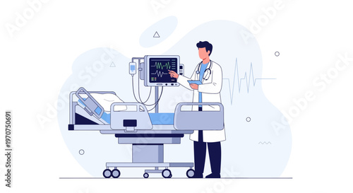 Doctor examining patient monitor in hospital room with bed and medical equipment