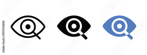 Three variations of an eye icon combined with a magnifying glass representing search or vision isolated on white background, Vector, illustration