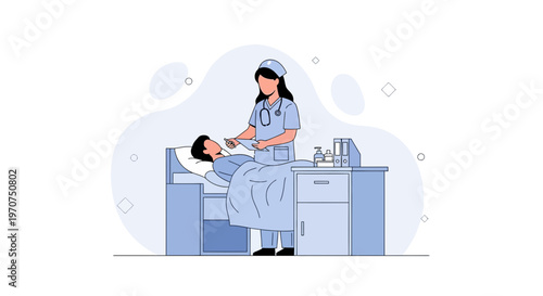 Nurse Caring for Patient in Hospital Bed, Medical Care Illustration