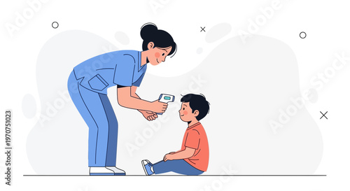 Nurse taking child's temperature with infrared thermometer, health checkup illustration