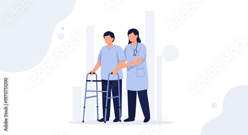 Nurse assisting elderly patient with walker, rehabilitation and care concept