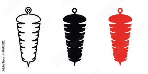 A set of three distinct icons showing a vertical rotisserie spit for cooking delicious meat dishes isolated on white background, Vector, illustration