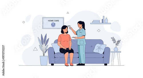 Nurse checks patient's temperature at home, home care concept