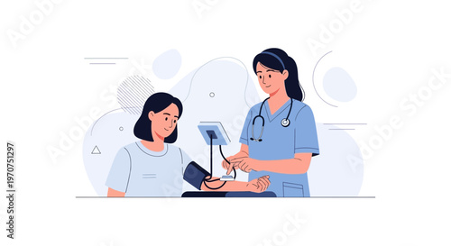 Nurse measuring patient's blood pressure with digital monitor, healthcare concept illustration