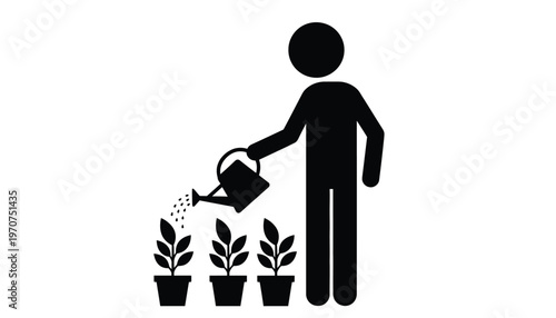 Vector graphic design of a person watering three potted plants, symbolizing investment, growth, and development.