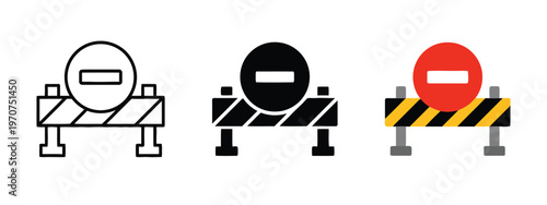 Three variations of a road barrier icon displayed in outline solid and colored design styles isolated on white background, Vector, illustration