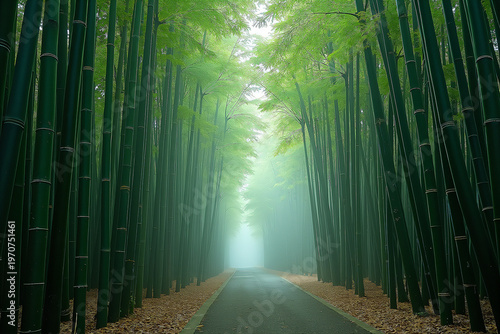 Misty Bamboo Forest Green Corridor Morning Light Zen V2
