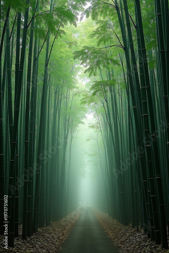 Misty Bamboo Forest Green Corridor Morning Light Zen V3