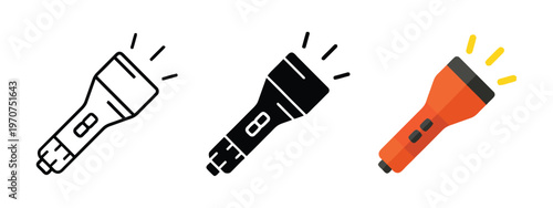Three variations of a flashlight icon displayed in outline solid and colorful flat graphic style isolated on white background, Vector, illustration