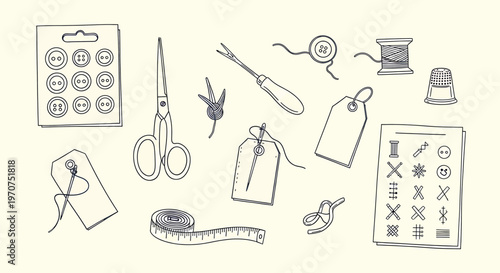Vintage sewing tools and accessories sketch isolated on transparent background detailed hand drawn illustration