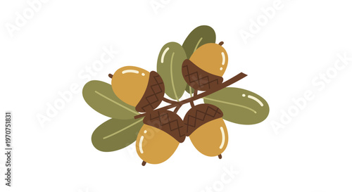 Acorns on a Branch with Green Leaves Illustration.