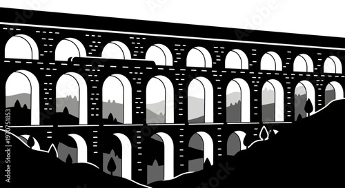Ancient Roman Aqueduct Structure with Multiple Arches and Levels.