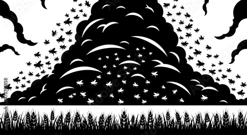 A swarm of insects flying out of a large pile of dark clouds over a field of wheat.