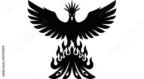 Black Phoenix Rising from Flames Silhouette on White Background.