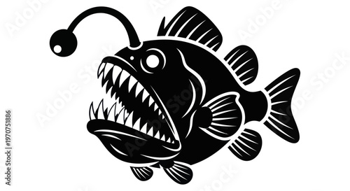 Anglerfish silhouette with sharp teeth and glowing lure.