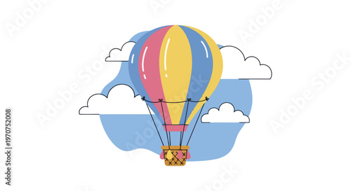 Colorful Hot Air Balloon Flying High in the Sky with Clouds.