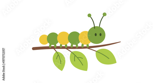 Cute cartoon caterpillar on a branch with leaves.