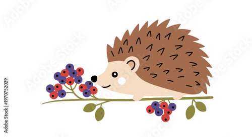 Cute cartoon hedgehog with berries on a branch.