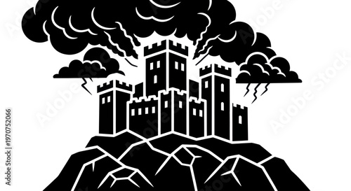 Dark Castle on Rocky Hill with Storm Clouds and Lightning.