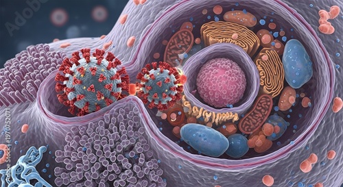 Microscopic View of Coronavirus Particles Invading a Human Cell.