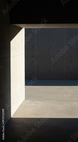 Harsh sunlight casts a large, sharp geometric shadow onto a textured concrete surface, framing a bright, empty, perfectly rectangular area, empty, harsh, surface