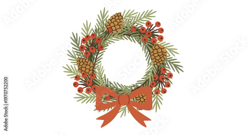 Festive Christmas Wreath with Pinecones Berries and Red Bow.