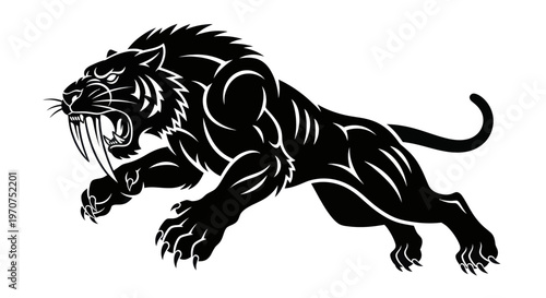 Fierce Black Saber Toothed Tiger Illustration.