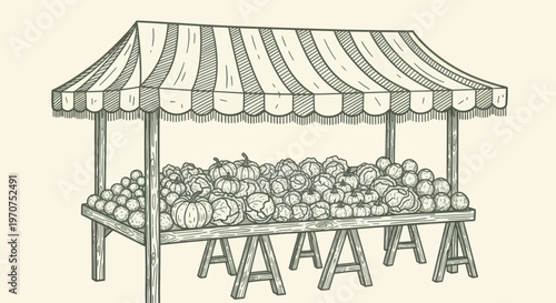 Hand drawn illustration of a farmers market stall with fresh produce.
