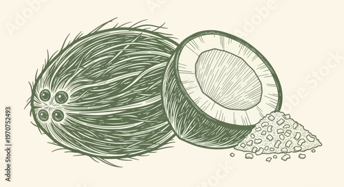 Hand drawn illustration of whole and halved coconuts with shredded coconut.