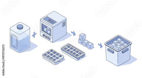 Ice making process from water to ice cubes in a cooler.