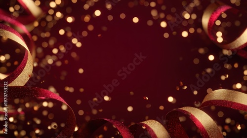 Red and gold streamers against a maroon background with golden confetti.