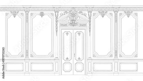 Ornate Baroque Wall Panel and Door – Luxury Architectural Line Art Illustration