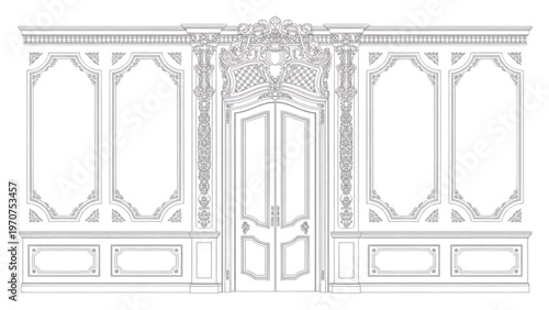 Ornate Baroque Wall Panel and Door – Luxury Architectural Line Art Illustration