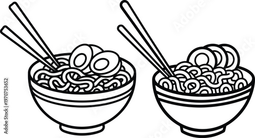 Bowls of noodles with chopsticks and sliced eggs, vector illustration, asian food, comfort food, instant noodles
