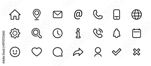 A comprehensive set of simple black line icons representing common user interface navigation tools isolated on white background, Vector, illustration