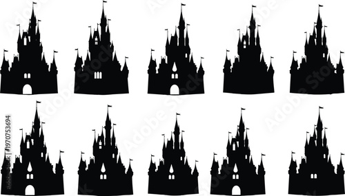 Vector illustration of majestic castle silhouettes, fantasy architecture, fairy tale castles, gothic towers, medieval fortress designs, black castle shapes