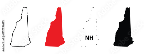 Four different representations of the new hampshire state map in outline and solid color formats isolated on white background, Vector, illustration