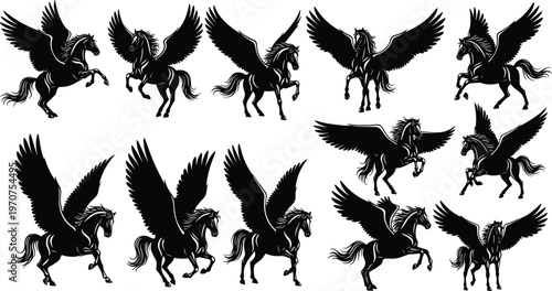 Vector winged horse silhouettes, mythical Pegasus illustrations, flying horse in various poses, black and white fantasy horse designs, equestrian creature collection