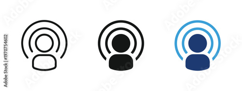 Three variations of a user profile icon with radiating signal waves for digital communication apps isolated on white background, Vector, illustration