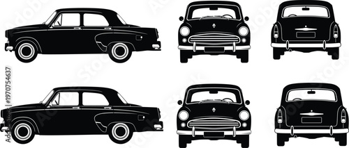Vintage car silhouette set, black and white vector icons in side, front, rear views, isolated clipart for retro, auto, design, transport