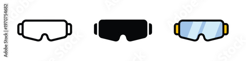Three variations of safety goggles icon set showing outline solid and colored design styles for ui isolated on white background, Vector, illustration