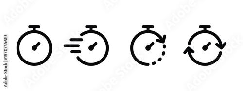 A set of four black vector outline icons representing different concepts of time and speed measurement isolated on white background, Vector, illustration