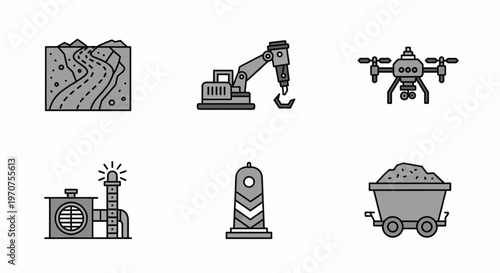 Set of Mining Industry Icons with Excavation Drone and Equipment