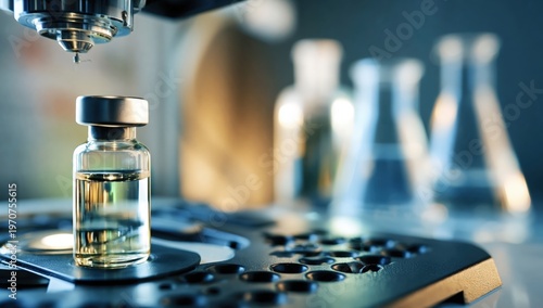 A close-up of a medical vial on a laboratory instrument, with blurred glassware in the background, evoking scientific research and pharmaceutical development.