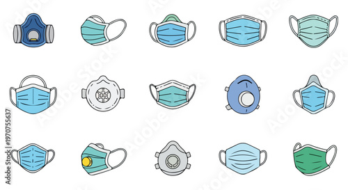 Collection of various protective face masks and respirators for health and safety against pollution and viruses