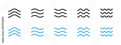 A collection of ten simple water wave icons arranged in two rows with black and blue color variants isolated on white background, Vector, illustration