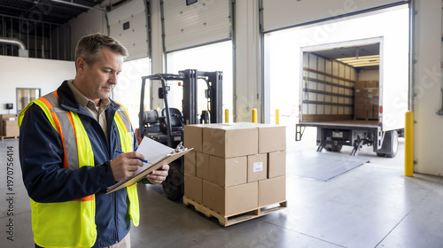 A professional warehouse manager in safety vest checks shipment papers on a clipboard near a forklift and delivery truck at a loading dock station. Generative AI.