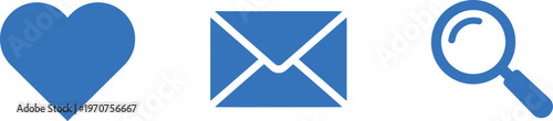 Blue interface icon set featuring flat heart envelope and magnifying glass symbols for web and mobile app navigation design