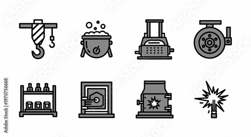 Industrial and Manufacturing Machinery Flat Vector Icons Set Representing Equipment and Production Processes
