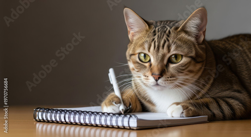 Attentive Brown Tabby Cat Concentrating on Writing in a Notebook.